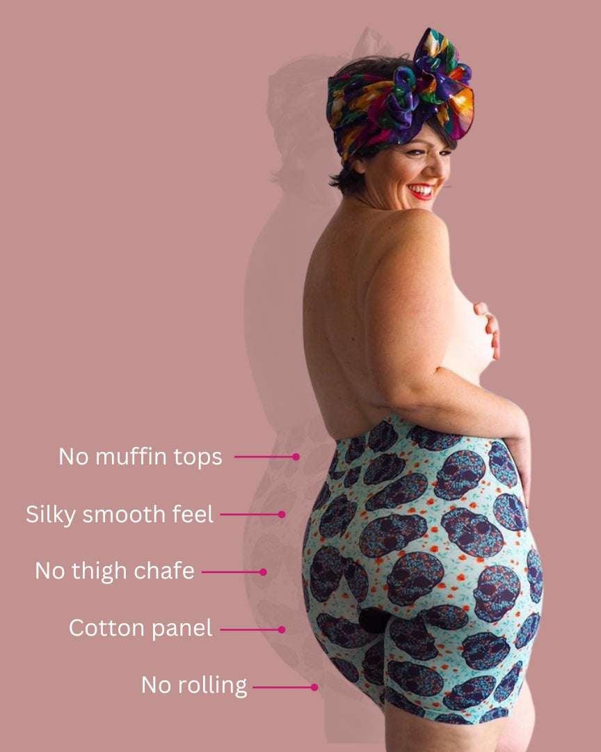 Skanties shown with labelled details: soft wide waistband, cotton panel, no rolling, no thigh chafe.